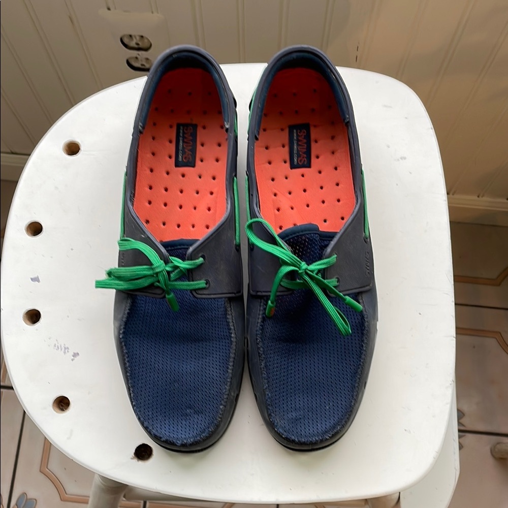 Swims Blue and Green Boat Shoes with Vibrant Laces